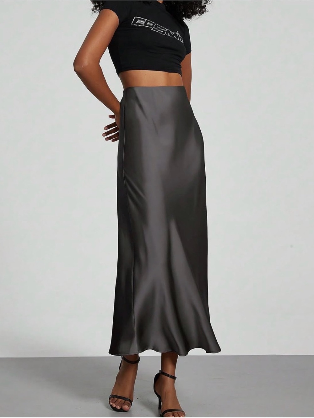 Sleek Gray Satin Bias Midi Skirt - Picture 2 of 3